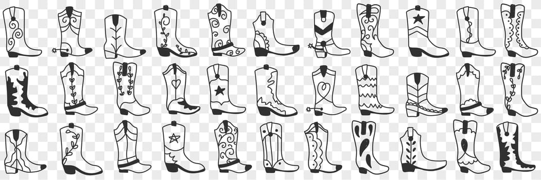Various cowboy boots doodle set. Collection of hand drawn various high boots in cowboy style for wearing in rows isolated on transparent background