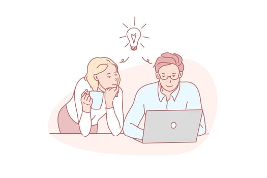 Decision, together, thinking, coworker, concept. Coworkers concentrated on business decision. Colleagues focusing on problem solving together. Common solution thought. Brainstorm simple flat vector.