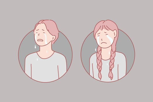 Crying, children, stress, tears concept. Crying, unhappy boy and girl show negative emotion loud. Frustrated with problem pupils in stress burst into tears. Weeping, lamenting teens simple flat vector