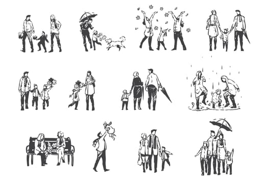 Autumn activities, people in demi-season clothes concept sketch. Rainy weather, leaf fall, family holiday in park, parents and children together on outdoor walk set. Hand drawn isolated vector