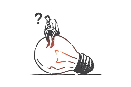 Brainstorming and idea searching, innovation concept sketch. Businessman seeking solution, entrepreneur male character thinking, strategy planning metaphor. Hand drawn isolated vector