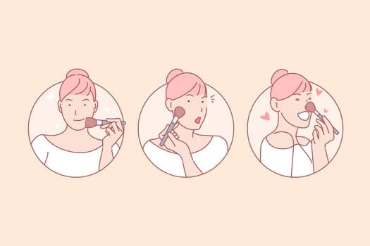 Makeup, beauty, training, blog, online, set. Young pretty woman using face cosmetics happily. Online makeup training of professional beauty blogger. Master class in beauty salon simple flat vector