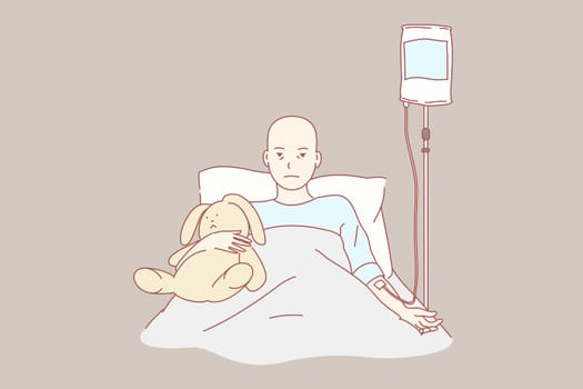 Oncology, care, childhood, clinic, health concept. Sad, suffering teen fighting with cancer. Hospital chemotherapy. Untitumor protective procedure. Child oncology medicine therapy simple flat vector.