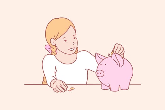Money, savings, childhood, skill concept. Smiling little girl saving money in piggybank for shopping. Happy young lady funding future capital. Financial planning childhood education simple flat vector