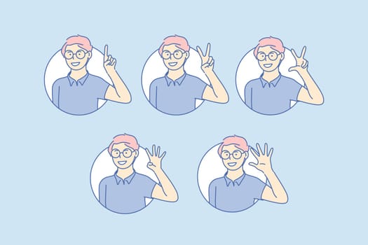 Teaching, count, basic, numbers, set. Happy, positive teen basic counting teaching with gesture. Young smiling man simple math explanation. Elementary childish math education simple flat vector.