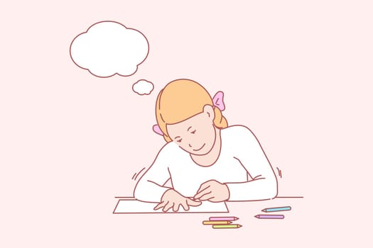 Creative, art, learning, hands, childhood, thought bubble concept. Young girl focusing on hand outlining. Inspirated learning drawing. Schoolgirl paiting creativity lifestyle simple flat vector.