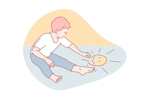 Drawing, childhood, pleasure, imagination, art concept. Happy little boy drawing with delight. Playful, creative, educational art practice in preschool. Chalking ability development simple flat vector