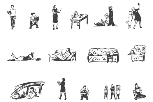 Technology addiction, people with gadgets concept sketch. Men, women and children using smartphones, laptops and tablets at home, in car and outside set. Hand drawn isolated vector
