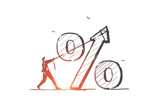 Interest rate, economy, bank loan percentage concept sketch. Financier, trader, investor character, businessmen and percent symbol, low price and tax metaphor. Hand drawn isolated vector