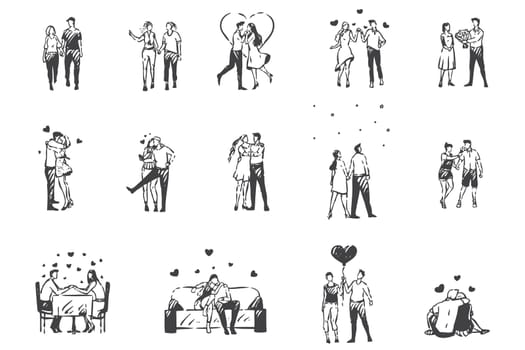Love, enamored people concept sketch. Romantic atmosphere, Valentines Day, couples in love, lovers date, amorous men and women spending time together set. Hand drawn isolated vector