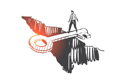 Support, help, anti crisis concept sketch. Man crossing gap on key bridge, risk management strategy, company improvement plan, safety and insurance metaphor. Hand drawn isolated vector
