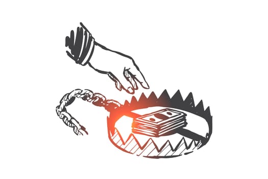 Businessman trap, illegal income, money fraud sketch. Human hand reaching for money in mantrap, business risks, shady enterprise, punishment for bribe metaphor. Hand drawn isolated vector