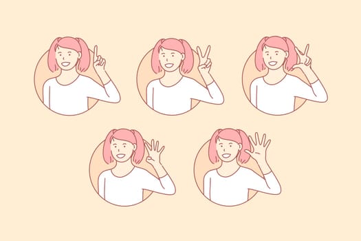 Teaching, count, basic, numbers, set. Happy, positive teenager gesture basic counting teaching. Young smiling girl simple math explanation. Elementary childish math education simple flat vector.