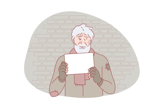 Homeless, poverty, social problem, request concept. Homeless, poor, sad man with request letter. Asking for help jobless, helpless beggar. Dispossessed lonely people social problem simple flat vector.