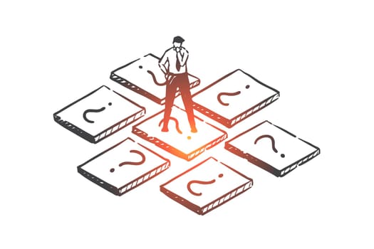Brainstorming, choice, solution concept sketch. Businessman choosing profitable business line, entrepreneur male character seeking perspective, alternative metaphor. Hand drawn isolated vector