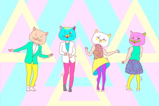 Dance, party, cat mask, team concept. People dancing together in cat maque on costume party. Friends entertain in cat thematic unusual masked show. Company charade corporative. Simple flat vector.