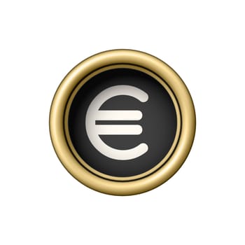 Symbol of Euro. Currency sign. Vintage golden typewriter button isolated on white background. Graphic design element for scrapbooking, sticker, web site, symbol, icon. Vector illustration.