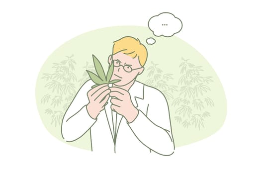 Marijuana, research, medical, science concept. Young scientist researching marihuana chemical properties. Pharmacist exploring narcotic herb. Botanist analyses plant for cultivation simple flat vector