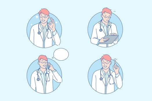Medicine, doctor, healthcare, therapy, set. Smiling doctor analysing health status. Working therapist. Physician examination. Medicine diagnosis setting process. Hospital treatment simple flat vector.