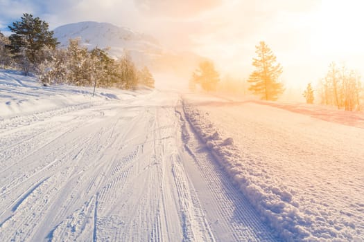 ski centre stryn at sunrise, norway