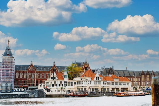 Amsterdam, Netherlands September 5, 2017 : Outdoor view of Canal cruise museum tour building bar and restaurant