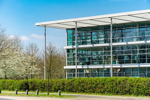 glass office building. green city.