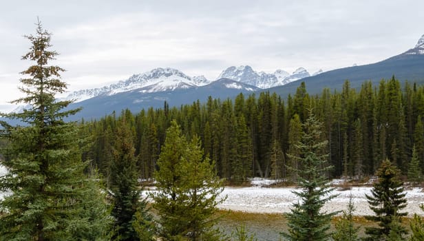 Stunning winter view of Banff National Park with Canadian Rockies mountains in Alberta, Canada