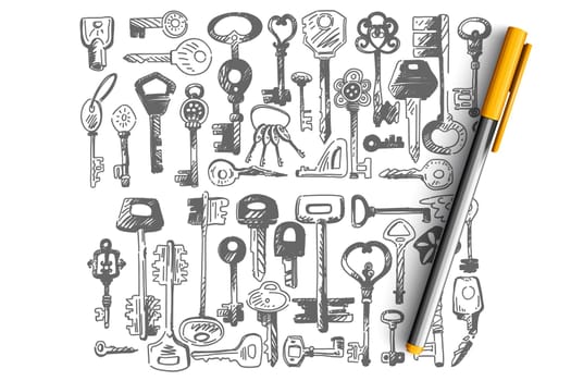 Keys doodle set. Collection of different shape small key for opening door locks isolated on white background. Decorative vintage old design switches and home security illustration.