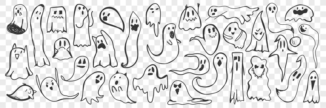 Ghost doodle set. Collection of hand drawn cute scary spooky ghosts of various shapes trying to frighten isolated on transparent background. Illustration of halloween typical costume, character
