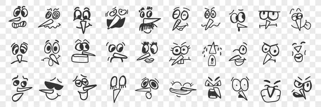 Birds face doodle set. Collection of funny hand drawn cute funny bird face with beak expressing various emotions isolated on transparent background. Illustration of smiling angry and unhappy birds