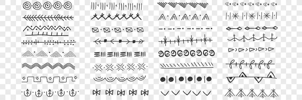Vintage lines and symbols doodle set. Collection of hand drawn lines with oriental ethnical patterns and decorations isolated on transparent background. Illustration of symbols and decoration signs