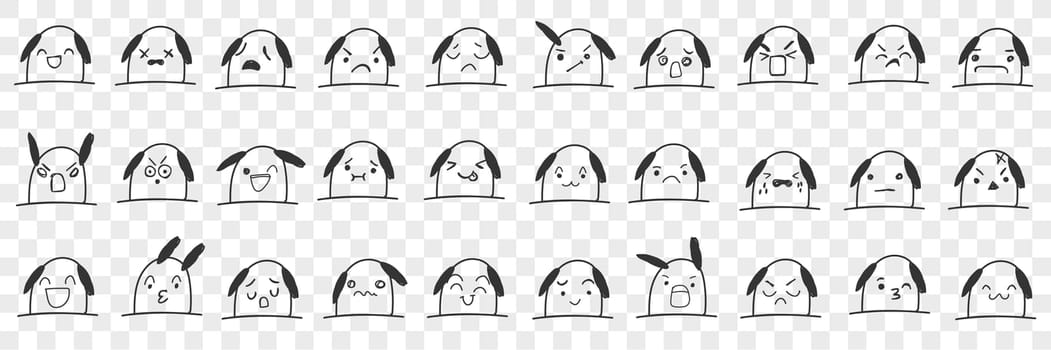Dogs face doodle set. Collection of funny hand drawn cute funny dog face expression various emotions isolated on transparent background. Illustration of smiling angry and unhappy dogs for kids