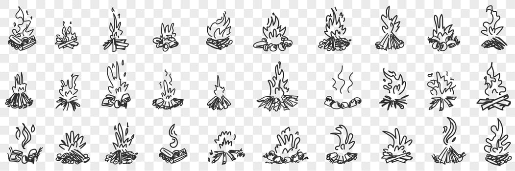 Burning fire flame doodle set. Collection of hand drawn various burning natural flame bonfire in rows isolated on transparent background