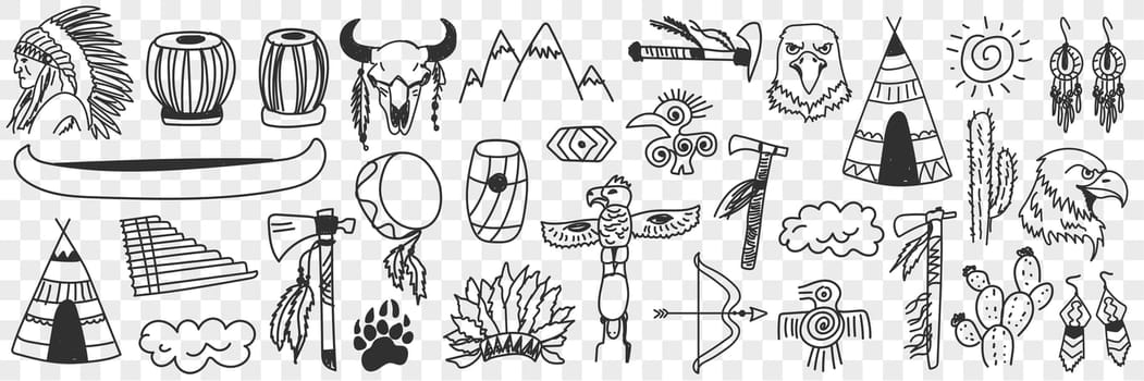 Indian tribe symbols doodle set. Collection of hand drawn various signs of indian culture traditional spiritual elements in rows isolated on transparent background