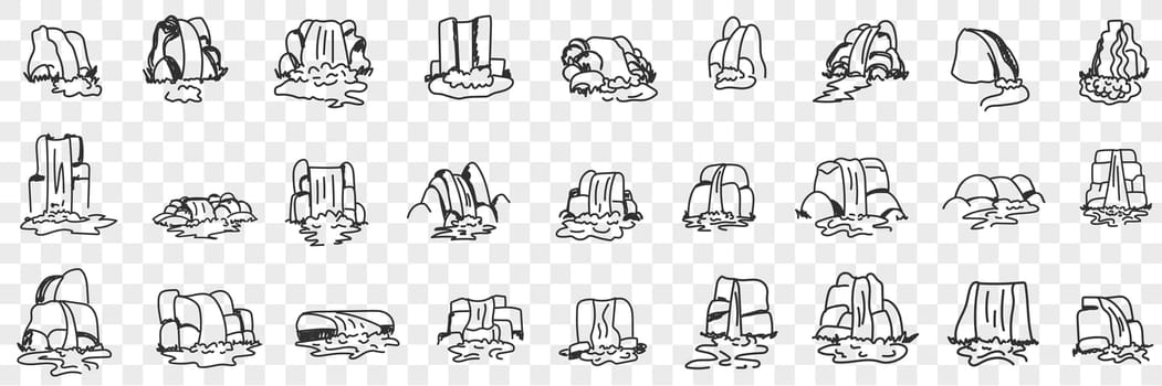 Natural waterfalls in cliffs doodle set. Collection of hand drawn falling waterfalls natural parklands vies sceneries in rows isolated on transparent background
