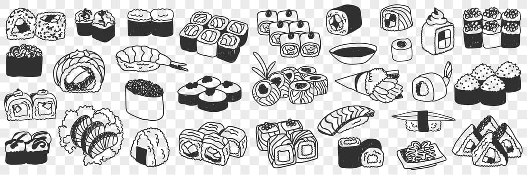 Sushi and rolls doodle set. Collection of hand drawn various japanese sushi seafood rolls for tasty dinner traditional asian culture in rows isolated on transparent background