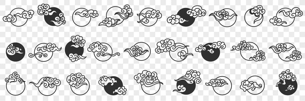 Moon with clouds doodle set. Collection of hand drawn various white and black full moon with clouds flying over in rows isolated on transparent background