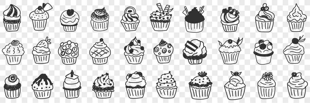 Tasty cupcakes dessert doodle set. Collection of hand drawn various cupcakes homemade with cream custard and decorations for events and birthday party in rows isolated on transparent background
