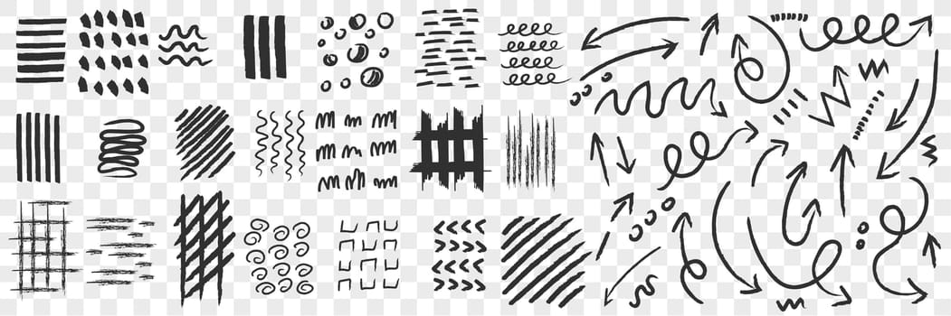 Lines and scrabbles doodle set. Collection of hand drawn various straight and curve lines in rows isolated on transparent background