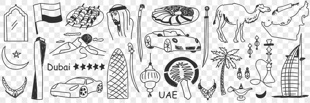 Arabic emirates symbols doodle set. Collection of hand drawn various united arabic emirates tourism signs traditional culture and trips in rows isolated on transparent background