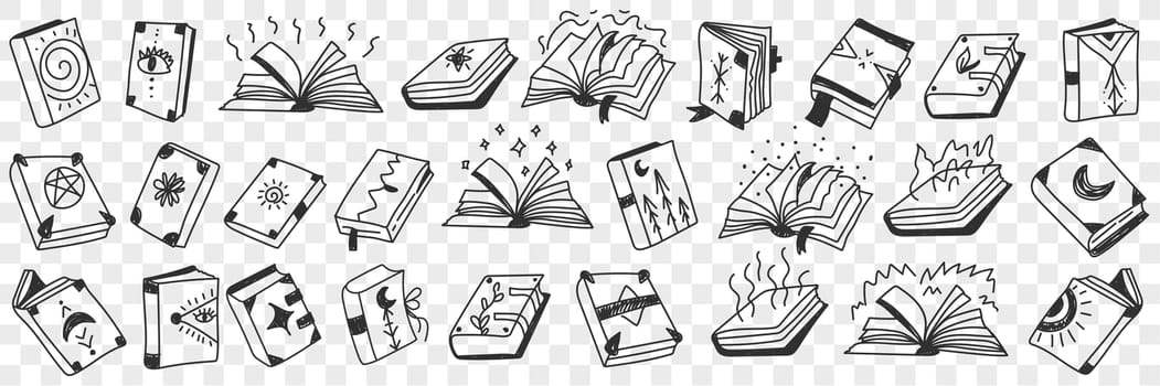 Occult spiritual books doodle set. Collection of hand drawn various books with sigs and symbols of occultism and spirituality on covers in rows isolated on transparent background