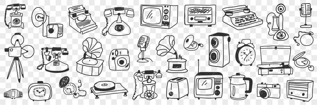 Retro and modern technical appliances doodle set. Collection of hand drawn various telephone teapot kettle television toaster electronic devices in rows isolated on transparent background