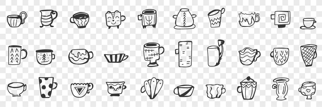 Tea cups and mugs doodle set. Collection of hand drawn various stylish mugs and cups for tea coffee hot drinks for breakfast isolated on transparent background. Illustration of hot drinks glassware
