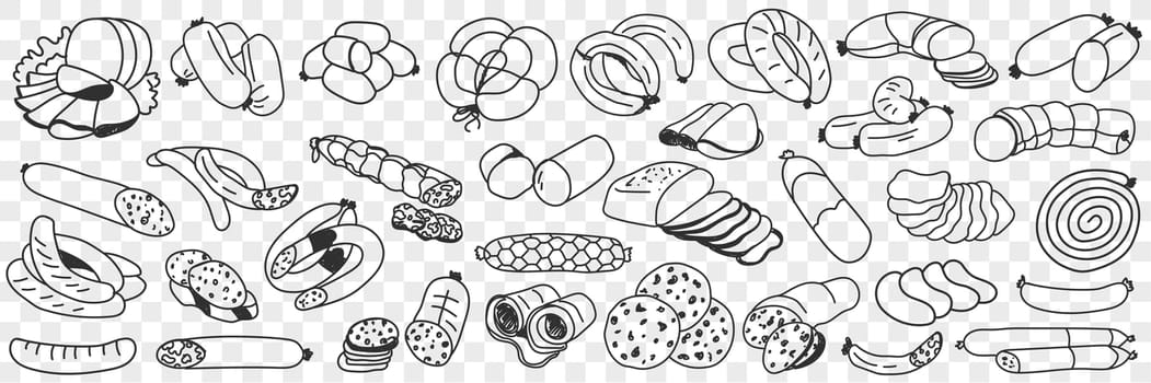 Tasty meat sausages doodle set. Collection of hand drawn various meat sausages whole and cut in pieces for eating in rows isolated on transparent background