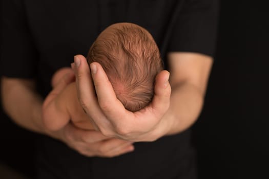 the child's head in the hands of parents. the head of the newbor