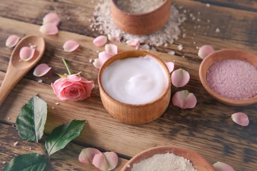 Natural ingredients for homemade cosmetics on wooden background