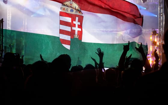 Soccer fans supporting Hungary - crowd celebrating in stadium with raised hands against Hungary flag