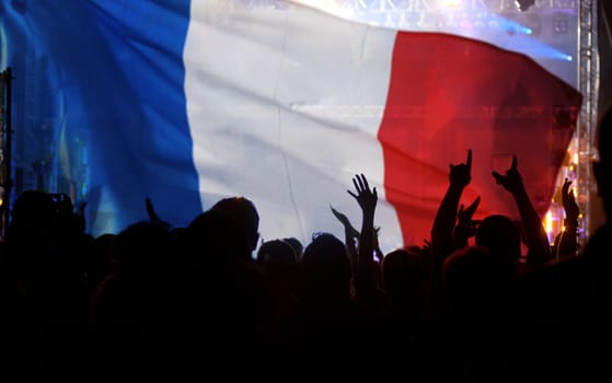 Soccer fans supporting France - crowd celebrating in stadium with raised hands against french flag