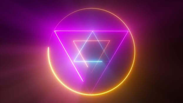 Esoteric 3d render triangle with glowing lines and star david. Occult bright geometric pentacle that ignites in mystical witchcraft fire. Polygonal alchemical talisman with pagan symbols.