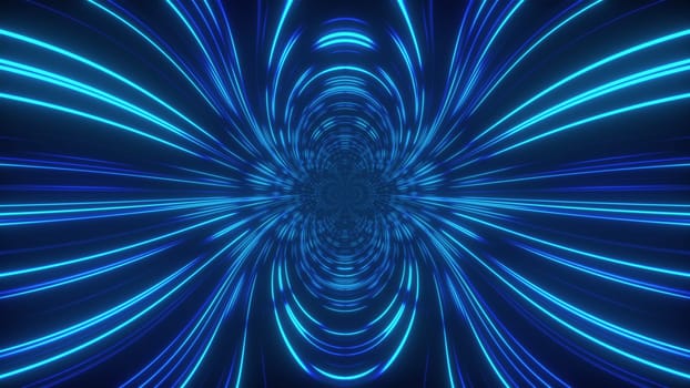 Futuristic 3D render of wormhole with curved dynamic space. Geometric deformed fractals with circular contractions. Opening high speed passage travel to distant galaxies.
